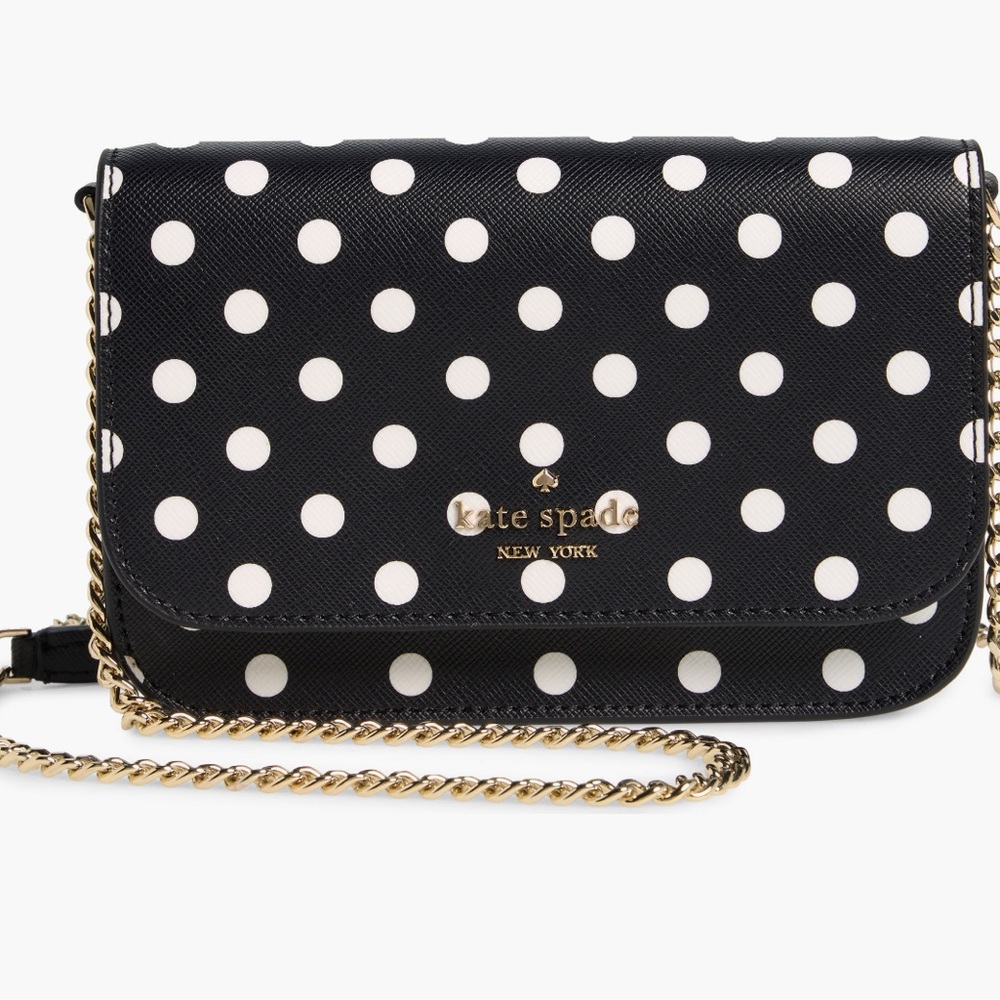 Kate Spade Black and White Polka Dot Crossbody Bag with Gold Chain